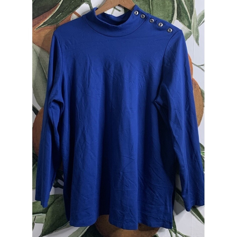 Susan Graver Everyday XLP Shoulder Button Long Sleeve Blouse Teal Blue